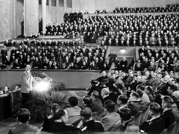 Adolf Hitler in Berlin's Theater des Volkes makes a speech to the workers to celebrate 3000 kms of autobahn